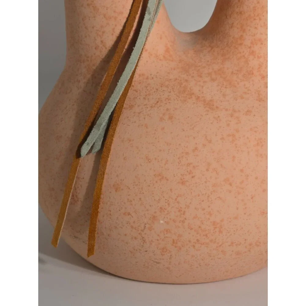 Double Spout Terracotta Vase Leather Accent Pink Beige Sandstone Finish Vintage